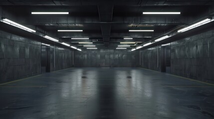 industrial garage scene, simple and non-busy, dark greys and blacks