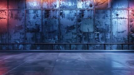 industrial background wall, colored neon lights, blurred reflections on the floor - obrazy, fototapety, plakaty