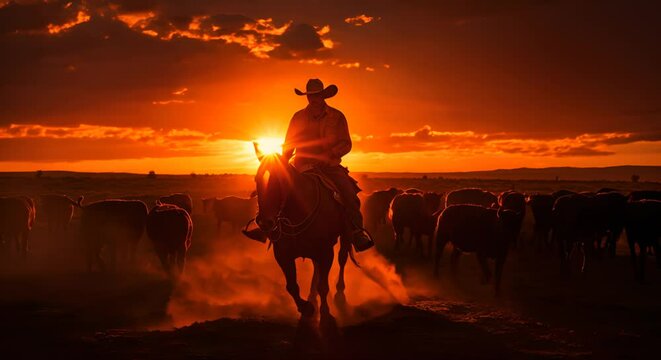 Silhouette of a cowboy herding cattle at sunset, wild west vibe