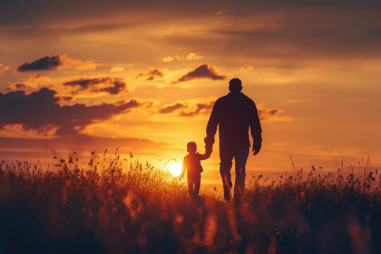 Silhouette of dad and child walking together in sunset. Father's Day. Happy family, love and care concept. Background for greeting card, banner, poster