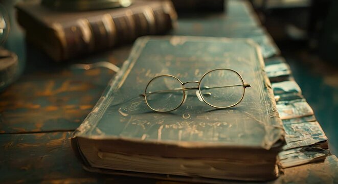 Old book and spectacles on a wooden table, vintage academic