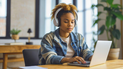 A young African woman wearing headphones attends online classes or works remotely using her laptop. - obrazy, fototapety, plakaty