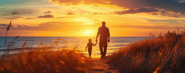 Silhouette of dad and child walking together in sunset. Father's Day.Happy family, love and care concept. Background for greeting card, banner, poster