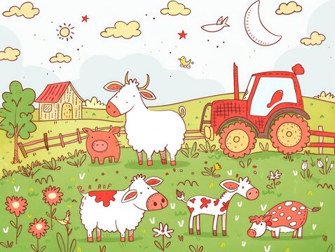 cartoon farm animals and a red tractor