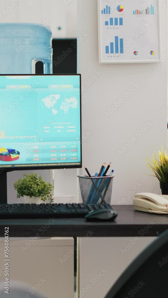 Poster vertical video stock portfolio on trading platform displayed on computer containing collection of in