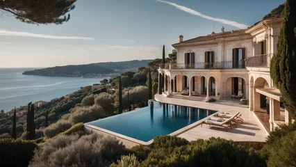Poster Exquisite mansion perched on the serene shores of the French Riviera, offering sweeping views of the azure Mediterranean and private terraces overlooking the coastal beauty © Damian Sobczyk