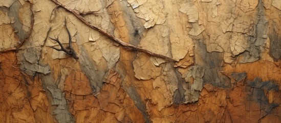 A detailed closeup of the brown bark on a tree trunk resembles an art piece, with patterns...