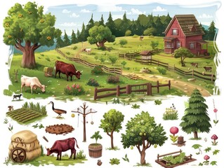 rustic farm with implements, garden plot with barn house and trees and farm plants and animals