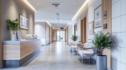 healthcare architecture interior with modern wooden furnitures, grey floor tiles