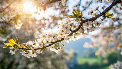 autumn leaves in the wind, Flock of birds are singing happily on the branches of a tree with spring flower blossoms and sun light , spring season background