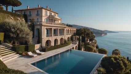 Fototapeta premium Exquisite mansion perched on the serene shores of the French Riviera, offering sweeping views of the azure Mediterranean and private terraces overlooking the coastal beauty