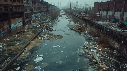 Fototapeta na wymiar Decrepit rail yard with standing water reflecting a murky sky, strewn with garbage and ruins..