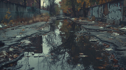 Rain-soaked abandoned street reflecting bare trees, with graffiti and scattered trash..
