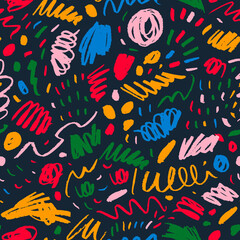 Seamless pattern with childish colorful scribbles and doodle lines, rough dots. Organic multi colored texture with crayon, charcoal strokes.