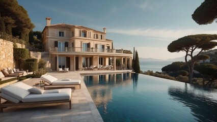 Obraz premium Exquisite mansion perched on the serene shores of the French Riviera, offering sweeping views of the azure Mediterranean and private terraces overlooking the coastal beauty