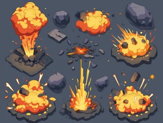 Isometric fire explosion cartoon, rock and fire scenes isometric