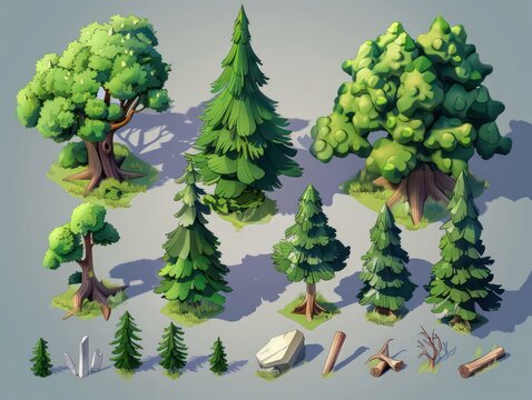  pine trees garden for adventure cartoon scenes isometric