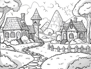 fantasy village, cartoon, white background