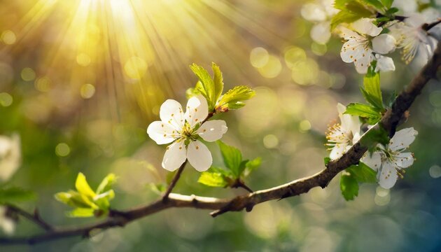 blossom in spring, Flock of birds are singing happily on the branches of a tree with spring flower blossoms and sun light , spring season background