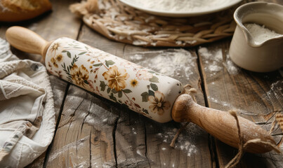 decorative ceramic rolling pin with flower design on wooden surface with baking supplies, spring vibe  