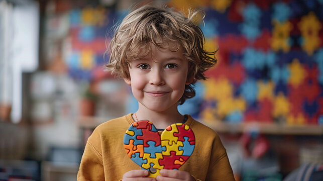 Little boy with autism holding heart made of puzzle pieces on blurred background. Child mental health. Autism spectrum disorder concept, ASD. World autism awareness day