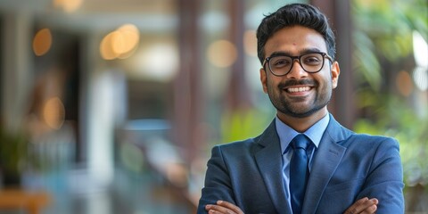 Happy smiling Indian businessman leader, looking confident standing in office