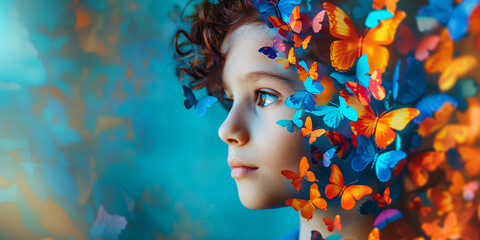 Little boy with autism with colorful butterflies on blue background with copy space. Child mental health. Autism spectrum disorder concept, ASD. World autism awareness day