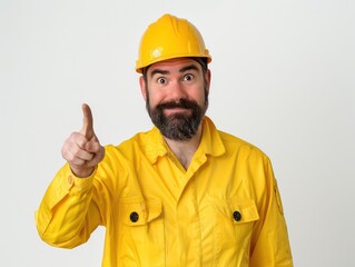 man plumber in yellow suit on white background