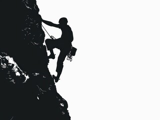 man climbing on the abrupt rock, black vector silhouette on the white background - obrazy, fototapety, plakaty