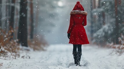 Amidst the frozen fairytale, Little Red Riding Hood wanders through the enchanted snowcovered forest, a red hooded wanderer in a winter wonderland. Generated by AI