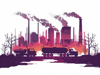 pollutant factories, trees and trucks caring coal, gradient noisy color, white background