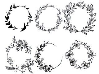floral doodle wreath collection, hand drawn, isolated on a white background