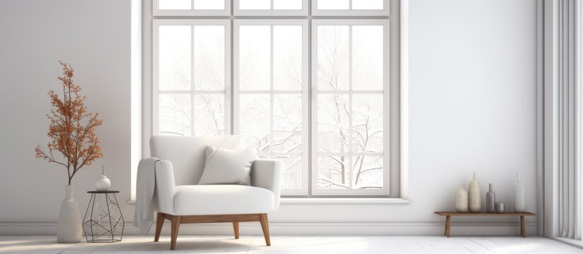 Scandinavian urban interior design with white room and armchair shown in window
