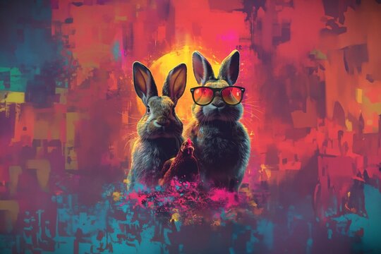 Two adorable rabbits with stylish sunglasses over a vibrant abstract background in a digital graffiti art style Perfect blend of nature and modern art