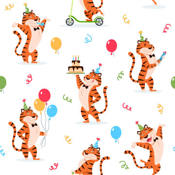 Cartoon Birthday tigers seamless pattern. Cute wild cat with balloons, cake, confetti print for kids decoration design. Colorful beautiful wrapping paper repeat tile. Creative vector illustration.