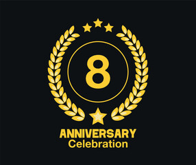 8 Years anniversary celebration. Vector luxury celebration with hoop, laurel and golden stars