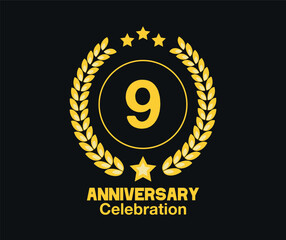 9 Years anniversary celebration. Vector luxury celebration with hoop, laurel and golden stars