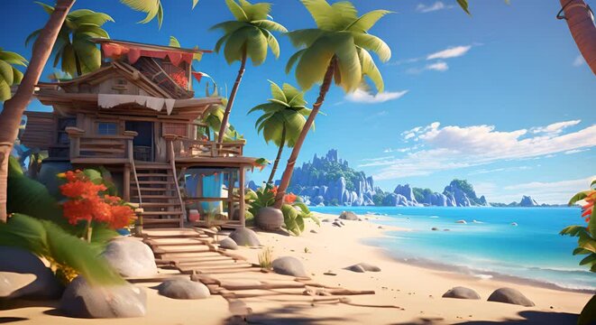 Imaginative 3D cartoon beach setting with a quirky seaside shack and palm trees