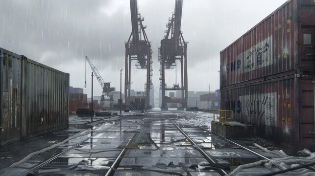 vintage industrial dock, cranes and shipping containers in the background