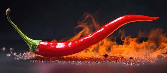 An electric blue arthropod is crawling on a red chili pepper, surrounded by a pile of fire. This macro photography captures the insect interacting with the spicy produce and plant flesh