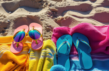 Colourful Beach Towel and Flip Flops