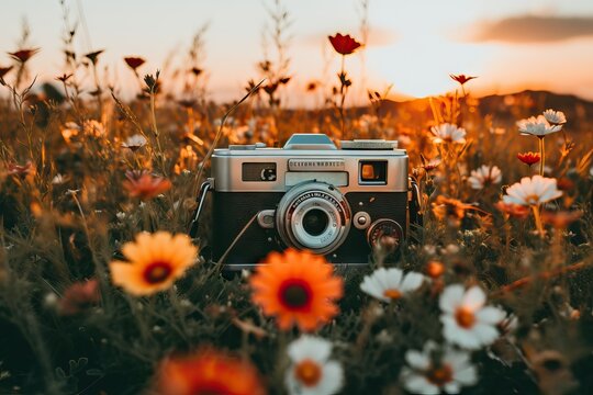 Vintage retro photo camera on beautiful flower field. Camera with spring or summer flowers. Hobby and leisure concept. World photo day 