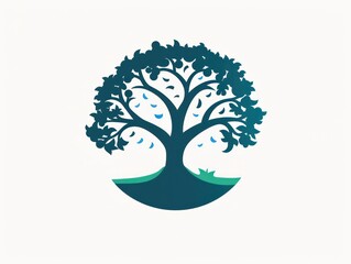 flat logo of a dramatic tree, minimal graphic, blue and green colors. white background
