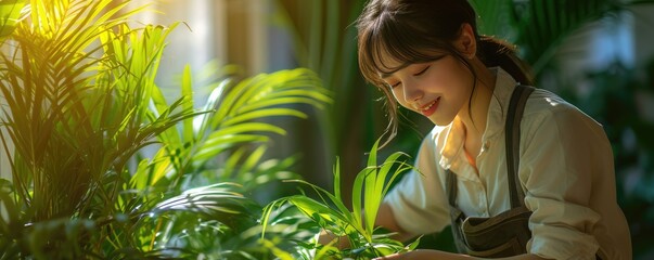 Young smiling asian woman gardener taking care for plants. Home gardening, love of houseplants. Plants and flowers for sale, online shopping, store - obrazy, fototapety, plakaty