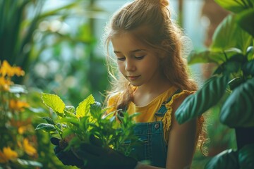 Little girl gardener taking care for plants. Child helping with plants. Love nature. Home gardening, love of houseplants.  - obrazy, fototapety, plakaty