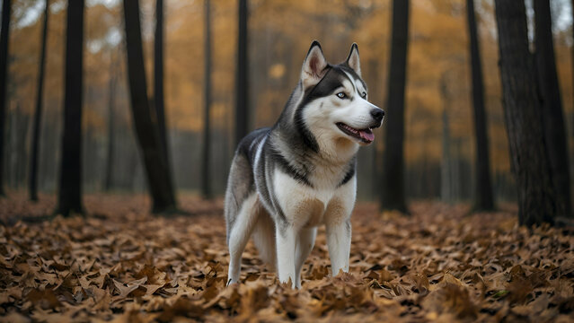 Male Adult siberian husky purebred dog standing profile freedom with black and white coat in a forest on dry leaf blanket .Generative ai

