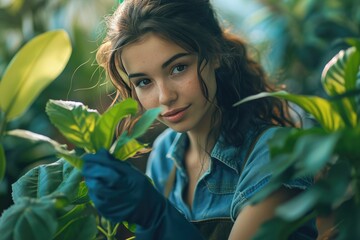 Young smiling woman gardener taking care for plants. Home gardening, love of houseplants. Plants and flowers for sale, online shopping, store - obrazy, fototapety, plakaty