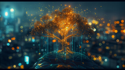 Generative AI illustration of beautiful glowing tree growing on cities representing digital technology in studio. 