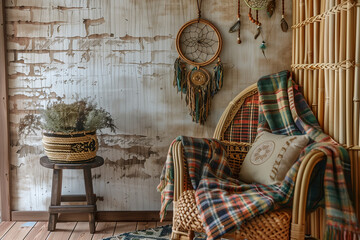 Cozy interior with chair and dream catcher - obrazy, fototapety, plakaty