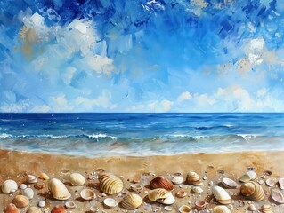 blue sky in sandy beach sea shells small pebbles 